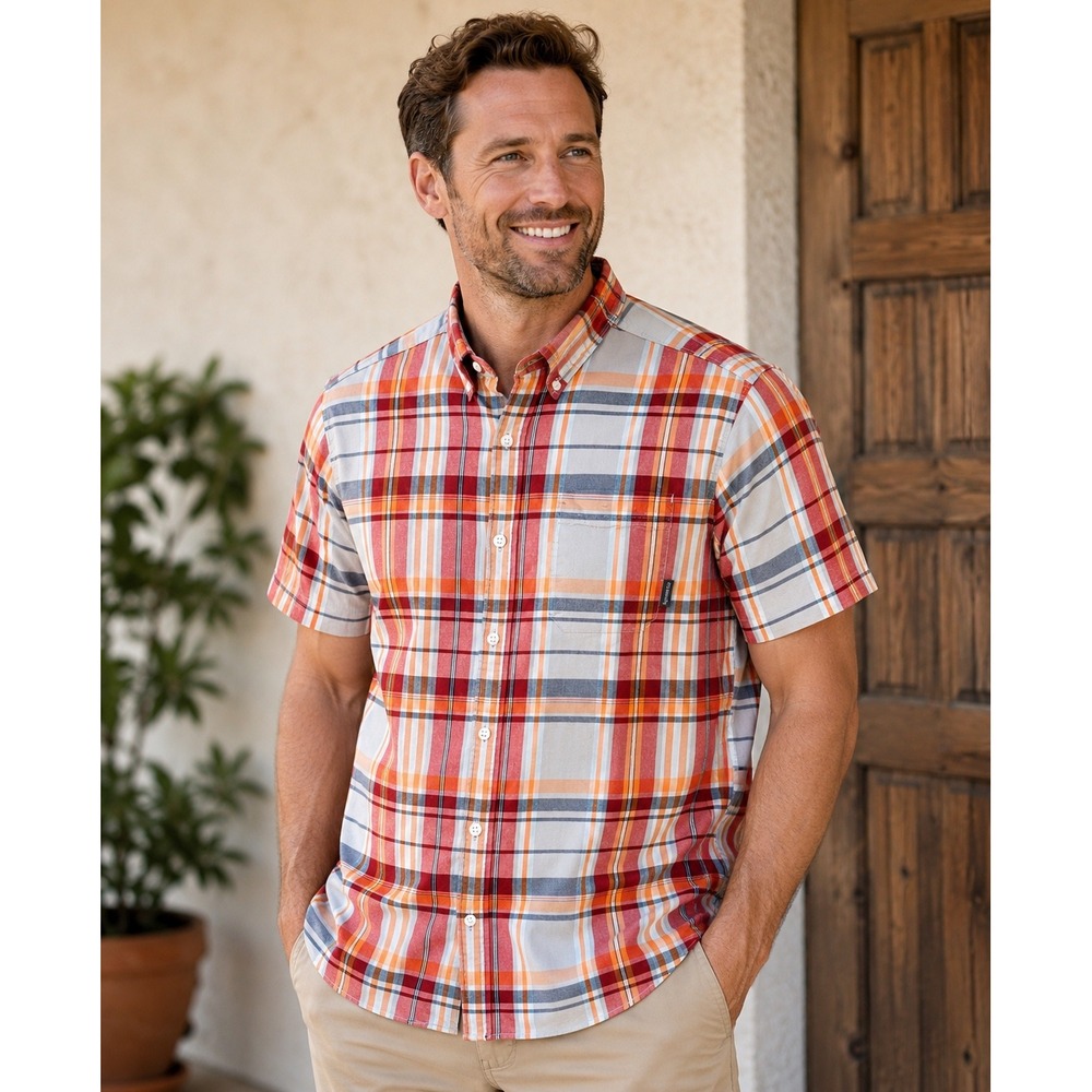 Columbia Mens XL Regular Fit Short Sleeve Plaid Button Down Shirt Orange Grey